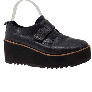 EILEEN FISHER Zola Black Pebbled Leather Platform Wedge Oxford Women's 9